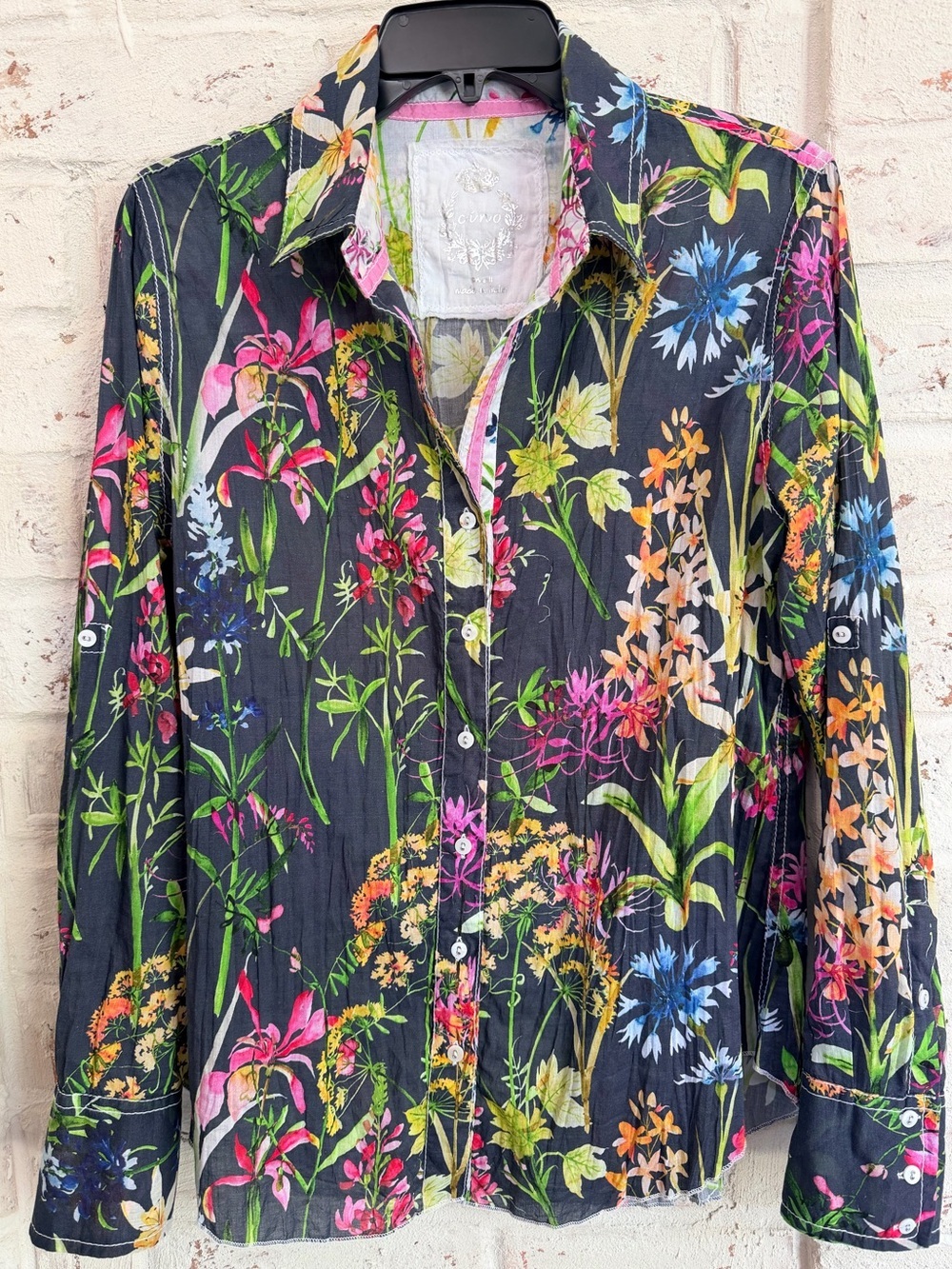 CINO Floral Toile Crinkle Cotton Shirt S Botanical Wildflower Boho